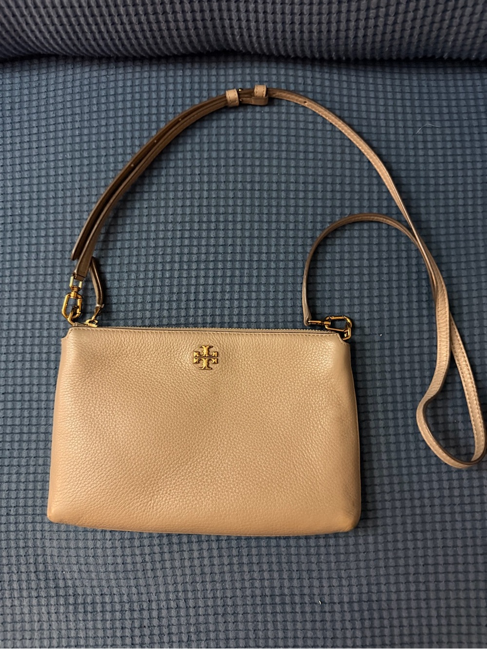 Tory Burch Tan Pebbled Leather Crossbody with Gold Logo